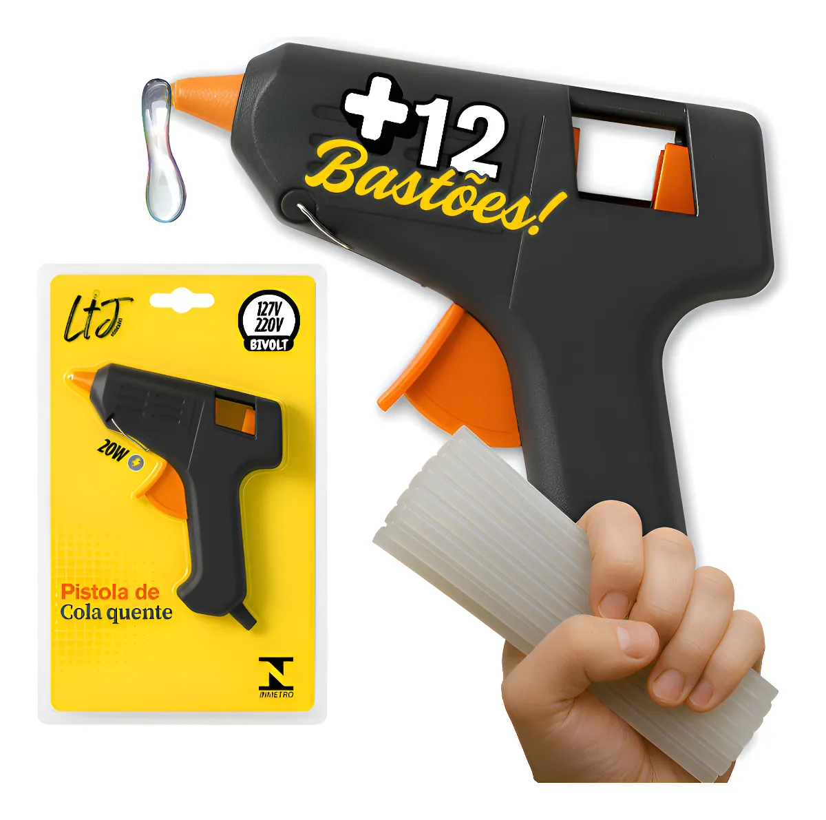 Revolver Pistola De Cola Quente 20w Com 12 Bastões Brinde Bico Fino Metálico Ltj Utilidades